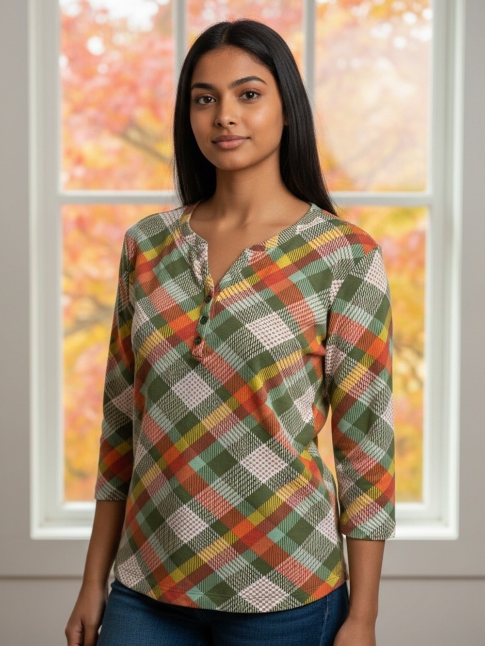 Kim Rogers Green Multi Plaid Henley Long Sleeve Top